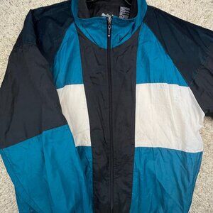 VTG Macgregor Sz L Color Block Track Windbreaker Jacket Black White Blue Zip Up